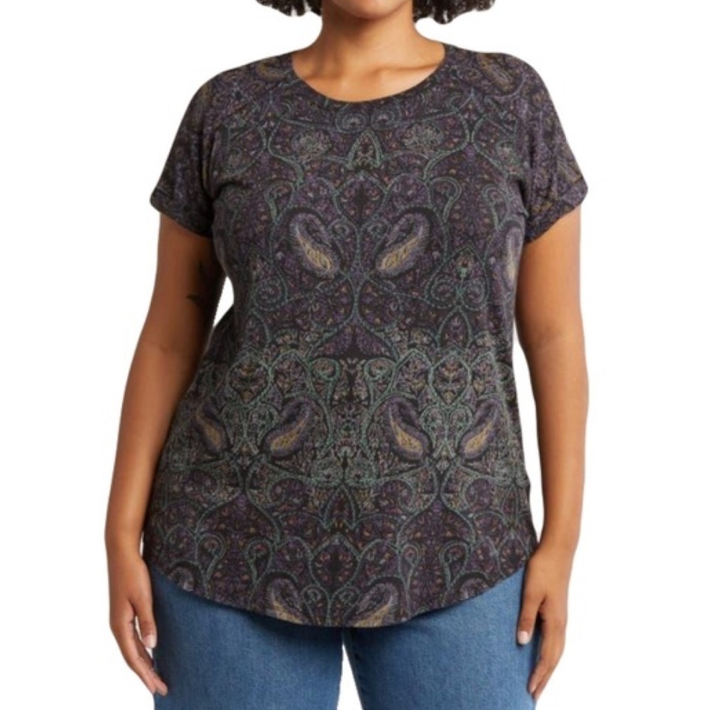 LUCKY BRAND Top Paisley Size 2X Slit-Back Purple-Blue Curve-Hem Boho